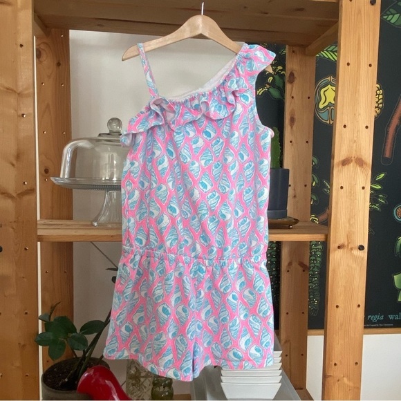 Lilly Pulitzer Pink Blue Seashell Print One Shoulder Ruffle Shorts Terry Romper - Picture 2 of 13